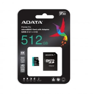 MEMORIA MICRO SDXC 512GB ADATA  AUSDX512GUI3V30SA2-RA1 CLASE 10 100 MB/S 85 MB/S PARA CÁMARAS Y DIAPOSITIVOS MOVILES