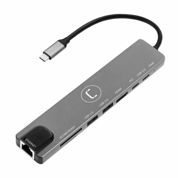 Hub Unno HB1109GY USB-C 8 en 1 HDMI y Gigabit