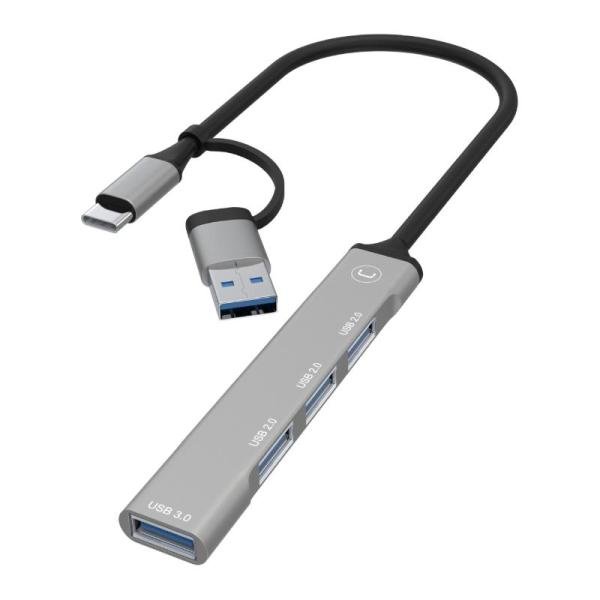 Hub Unno HB1014GY 2 en 1 USB-A/USB-C a 4 USB-A