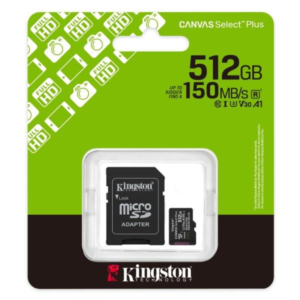 Memoria MICRO SD 512GB Kingston CLASE 10 UHS-I U3 150 MB/S para DISPOSITIVOS y CAMARAS ANDROID SDCS3/512GB
