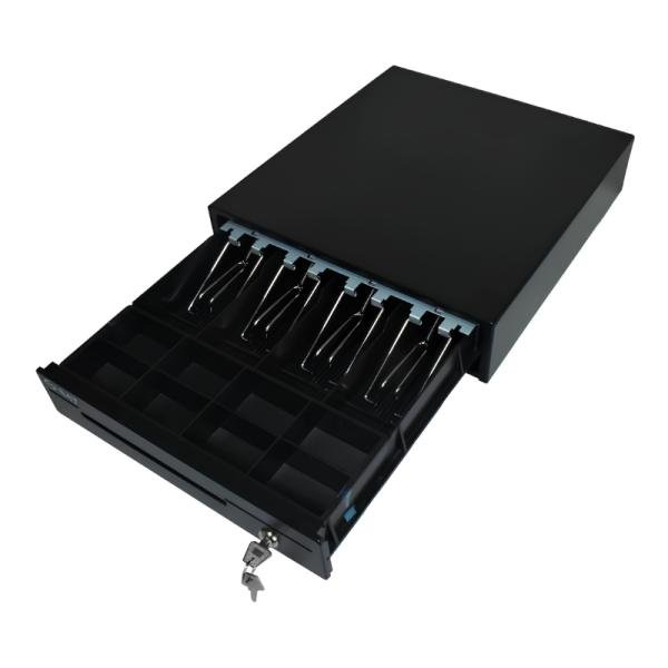 GAVETA de dinero punto de venta SAT AMERICA SAT RS130 RJ11 4 COMPARTIMENTOS BILLETES 8 MONEDAS APERTURA AUTOMATICA y LLAVE 133 X 390 X 418 MM 4070010000100