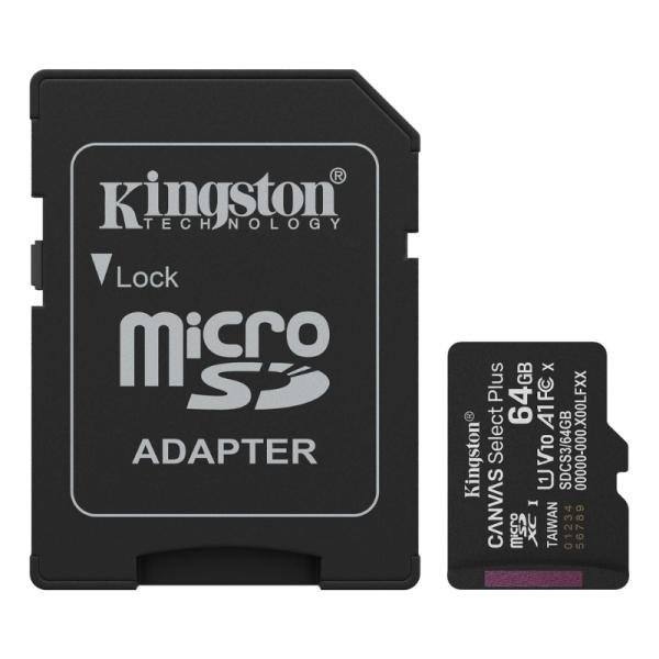 Memoria MICRO SD 64GB Kingston CANVAS SELECT PLUS GEN3 CLASE 10 UHS-I U1 V10 A1 100 MB/S DISPOSITIVOS ANDROID y CAMARAS SDCS3/64GB
