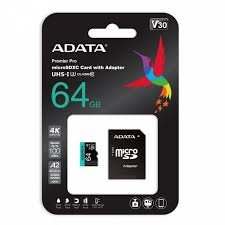 Memoria MICRO SDXC 64GB ADATA AUSDX64GUI3V30SA2-RA1 CLASE 10 100 MB/S 80 MB/S para CÁMARAS de TABLERO, CÁMARAS de ACCIÓN, SMARTPHONES, TABLETS y GRABACIÓN de video 4K