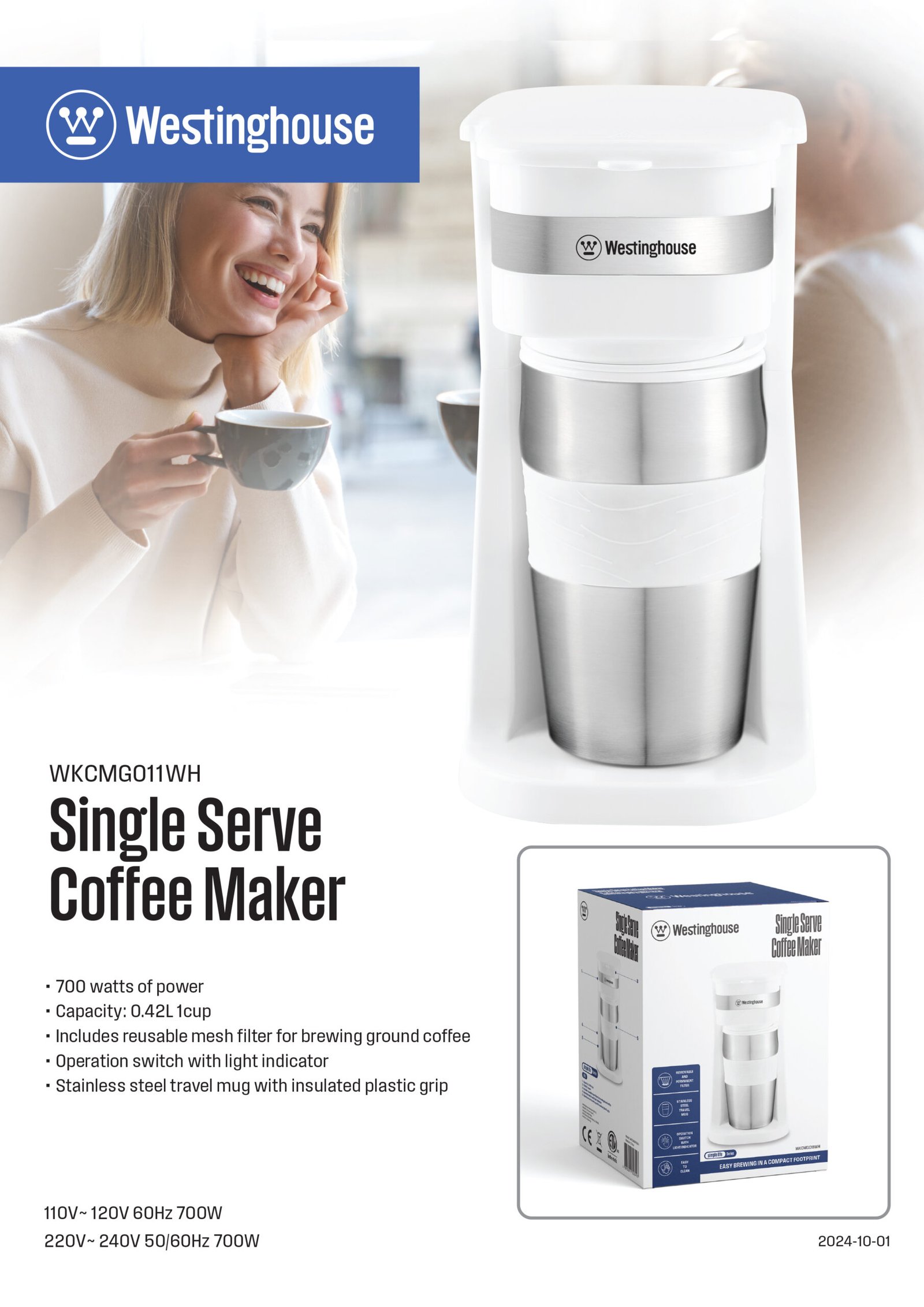 Westinghouse cafetera individual con mug térmico blanca -WKCMGO11WH